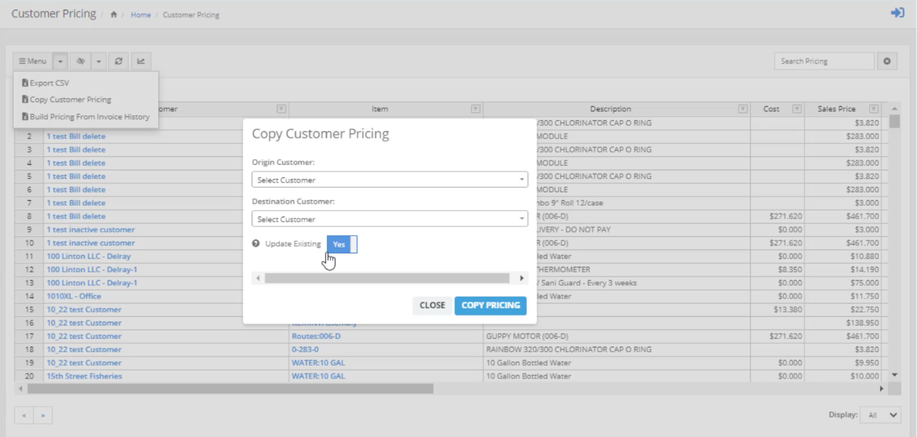 copy customer pricing option screen