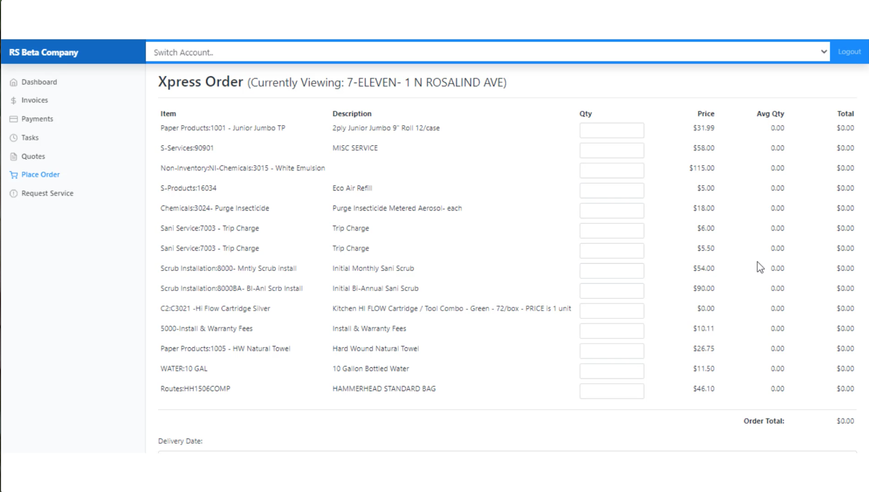 XPress Order Portal Screen
