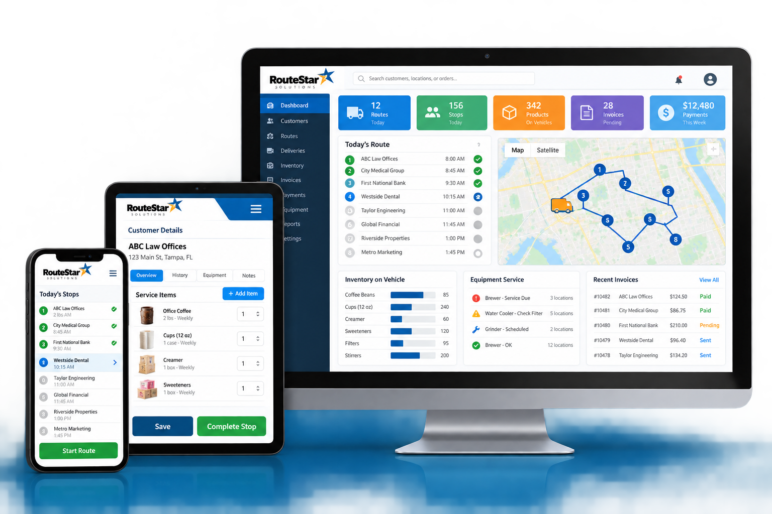 RouteStar office coffee delivery software dashboard on desktop tablet and mobile